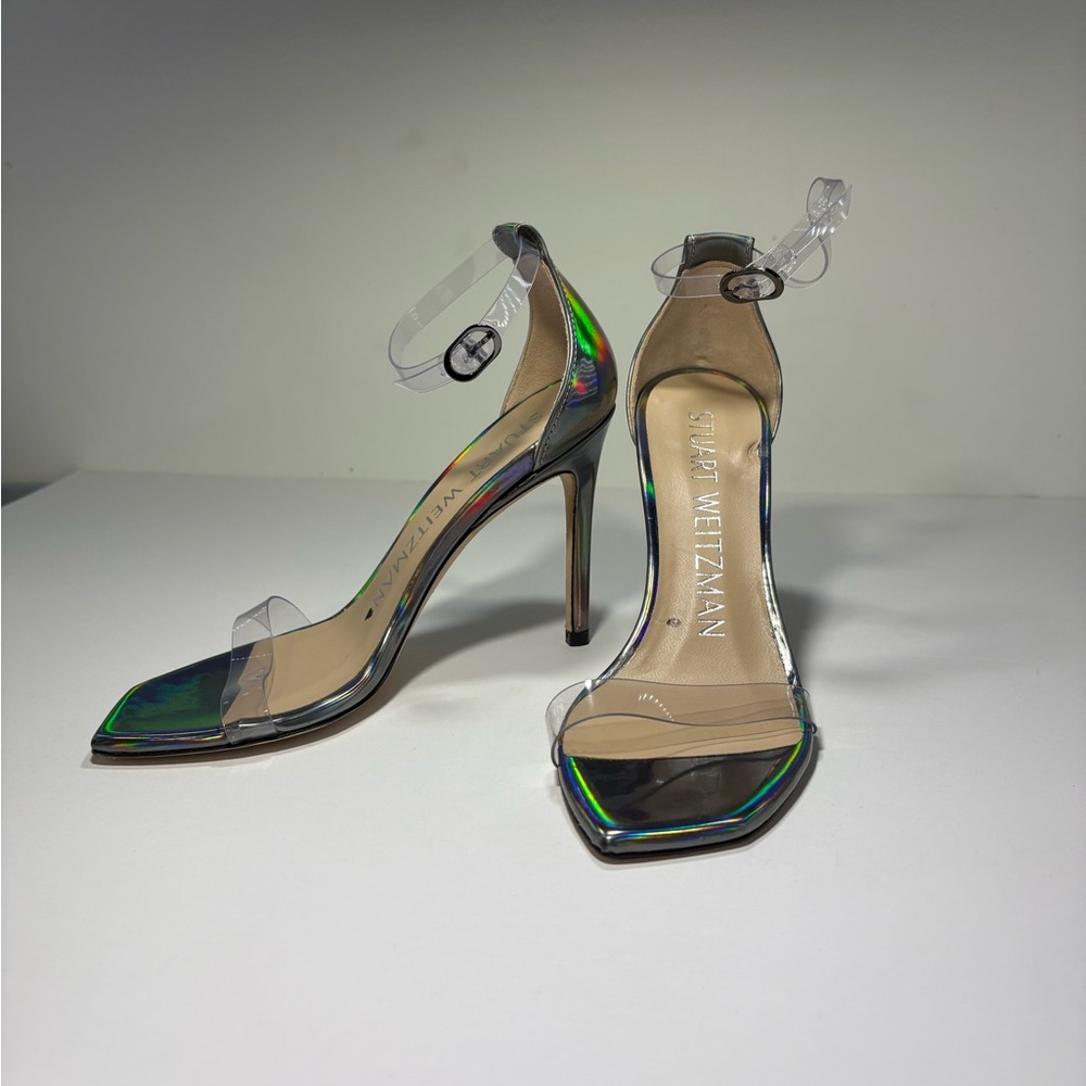 Stuart Weitzman Nudistcurve 100 Sandal Heel Silver Clear Gunmetal Mismatch Sz